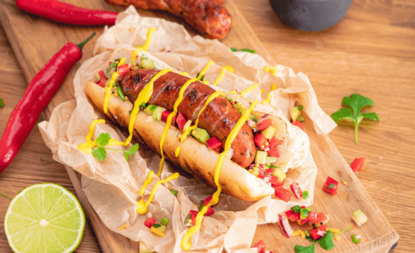Hot dog z kiełbasą beskidzką, salsą ze świeżych warzyw i sosem serowym